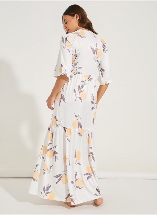 Styli Lemon Print Tiered Flute Sleeve Maxi Night Dress  - Image 4