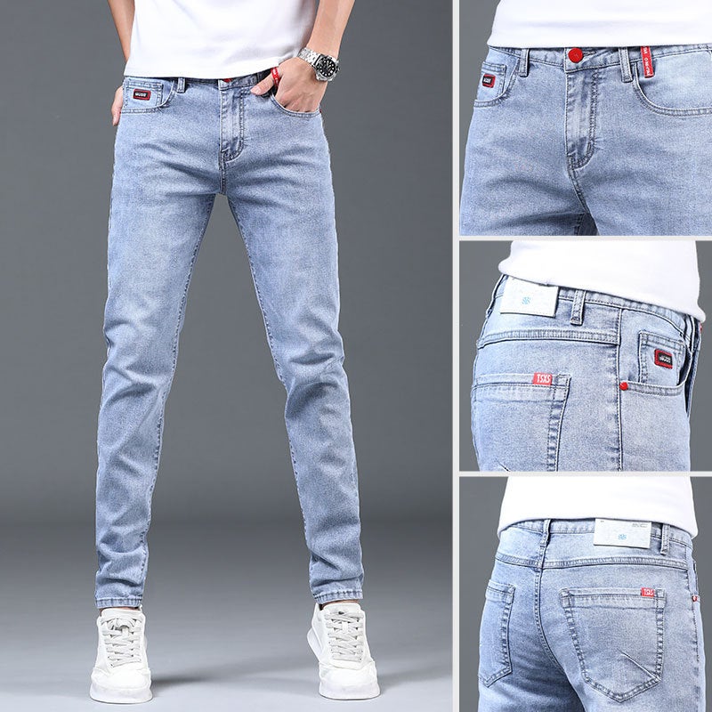 Generic Autumn New Jeans Mens Fashionable Brand Slim-fit Stretch Skinny All-match Trousers Korean Style Trendy Long Pants for Teenagers light blue 2393 red trousers 