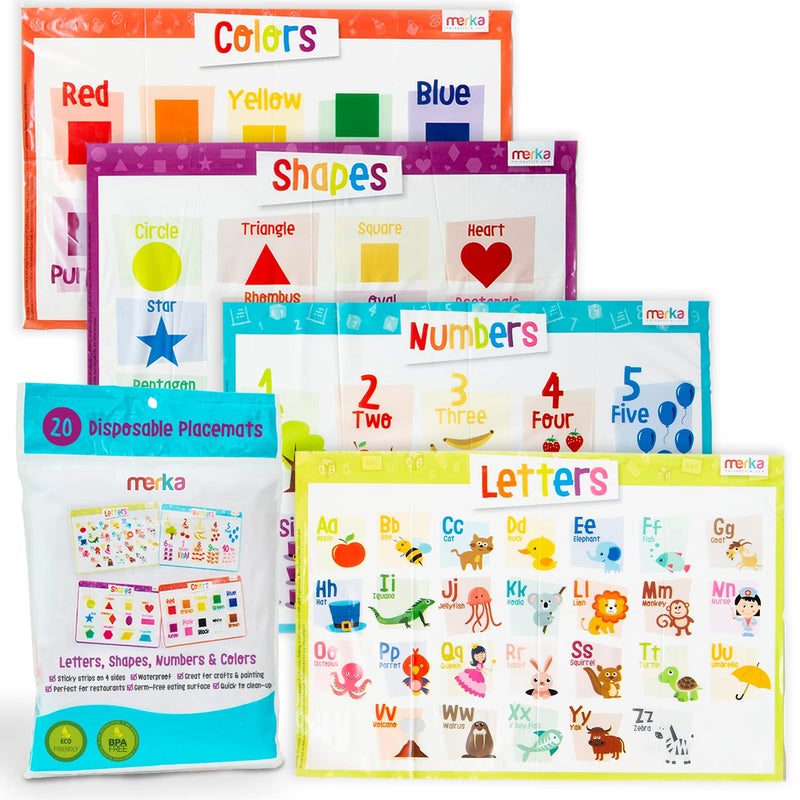 merka Disposable Placemats for Baby and Toddlers 12 x 18 20 Pack Stickon Table Mats for Restaurants Includes Shapes Numbers Letter  Colors