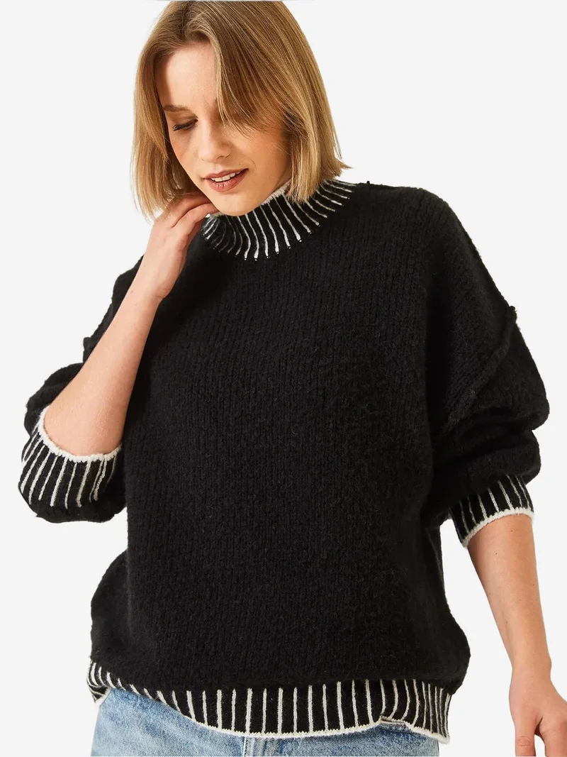 Bianco Lucci Multicolor LUCCI Patterned Turtleneck Loose Fit Sweater for Women | Best Price UAE