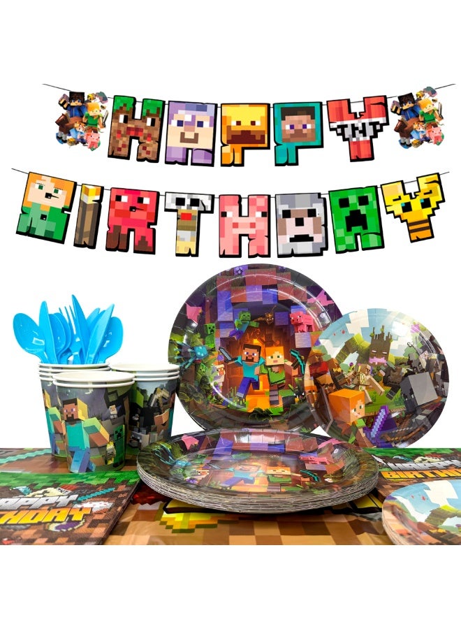 ILovhaprty Minecraft Birthday Party Decorations for 16 Guests, 114pcs Pixel Games Party Tableware Set Include Tablecloth, Banner Plates Napkins Cups for Minecraft Party Decoration Supplies - Image 1