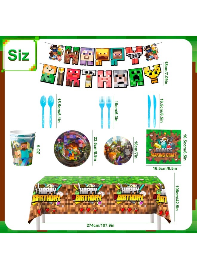 ILovhaprty Minecraft Birthday Party Decorations for 16 Guests, 114pcs Pixel Games Party Tableware Set Include Tablecloth, Banner Plates Napkins Cups for Minecraft Party Decoration Supplies - Image 3