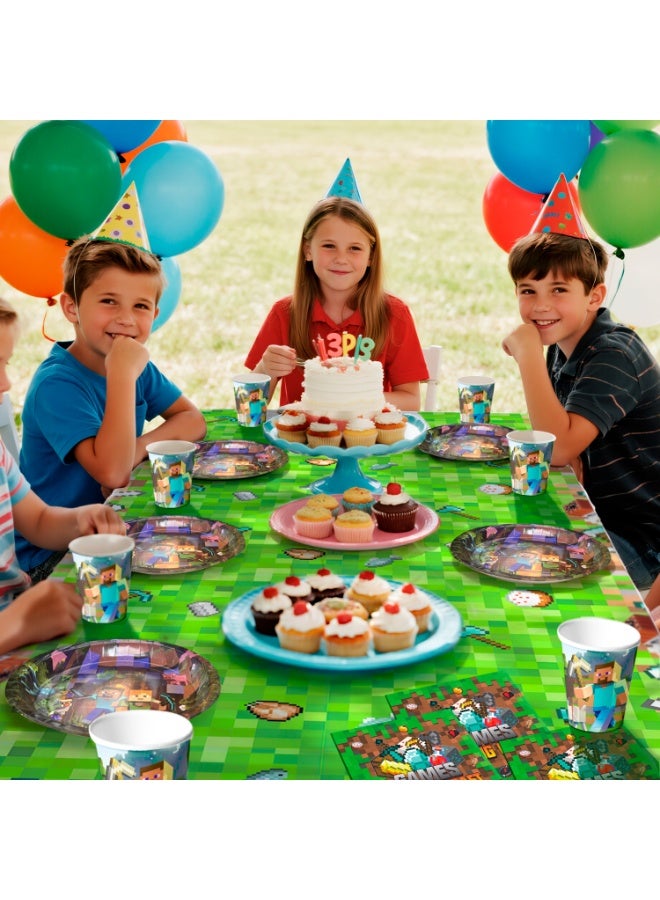 ILovhaprty Minecraft Birthday Party Decorations for 16 Guests, 114pcs Pixel Games Party Tableware Set Include Tablecloth, Banner Plates Napkins Cups for Minecraft Party Decoration Supplies - Image 4