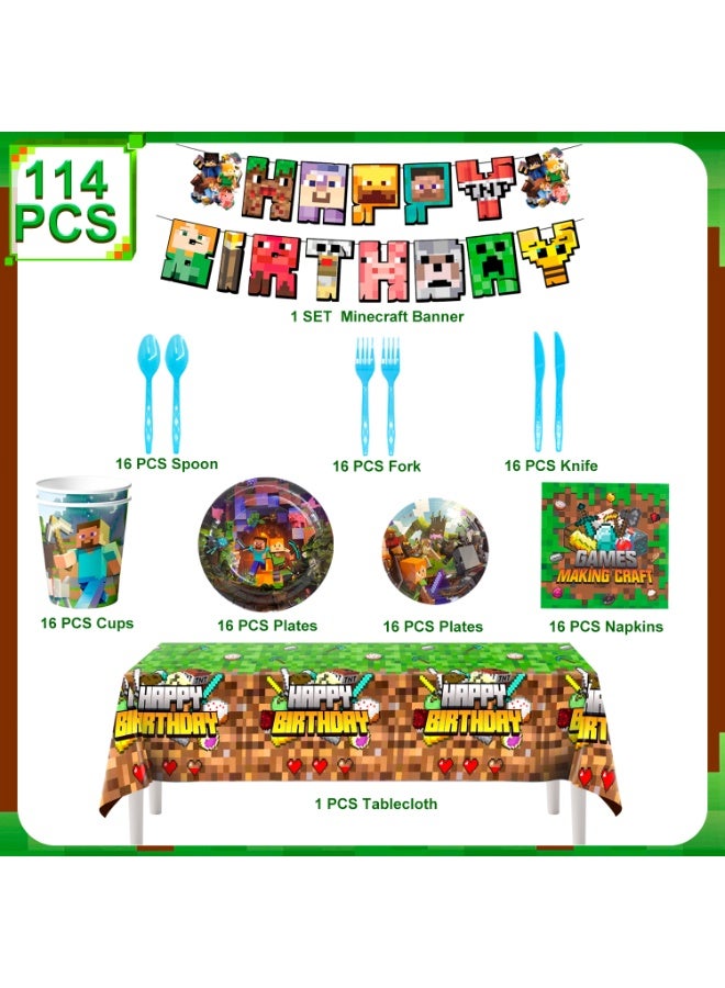ILovhaprty Minecraft Birthday Party Decorations for 16 Guests, 114pcs Pixel Games Party Tableware Set Include Tablecloth, Banner Plates Napkins Cups for Minecraft Party Decoration Supplies - Image 2