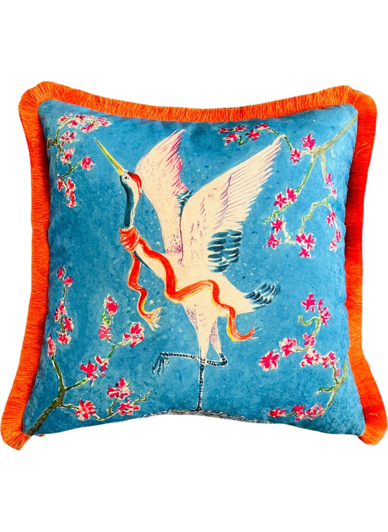 Ge Living Decorative Crane Bird Patterned Pillow - Special Design Light Blue Velvet Pillow Case  - Image 1