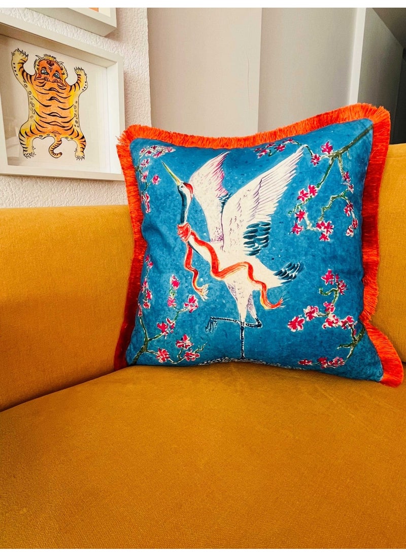 Ge Living Decorative Crane Bird Patterned Pillow - Special Design Light Blue Velvet Pillow Case  - Image 3