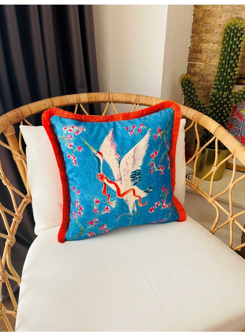 Ge Living Decorative Crane Bird Patterned Pillow - Special Design Light Blue Velvet Pillow Case  - Image 2