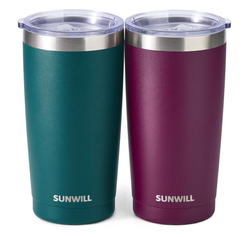 SUNWILL Travel Coffee Mug with Lid, 20 oz Tumbler Set of 2, Insulated Stainless Steel Cup for Drinksï¼Œ Water, Tea, Powder Coated Forest Green & Plum - Image 1