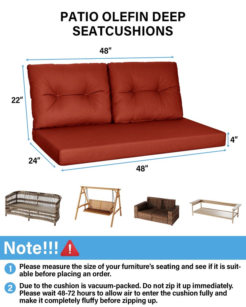 YEFU Outdoor Loveseat Cushion Set, 48 x 24, Waterproof Replacement Patio Chair Cushions, Fade Resistant Deep Seat and Backrest Cushion Set for Patio Couch, Bench, and Swing, Brick Red - Image 2