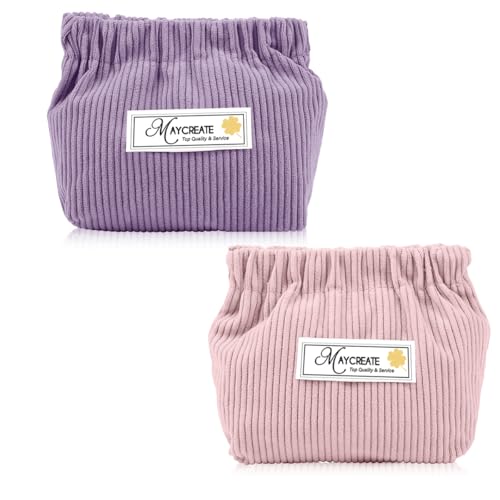 MAYCREATE® 2pcs Small Makeup Pouch, Lipstick Cosmetic Bag, Corduroy Elastic Storage Pouch, Makeup Pouches for Women Girls, Travel Coin Pouch Jewelry Organizer Bag - Self Closing, Pink & Purple - Image 1