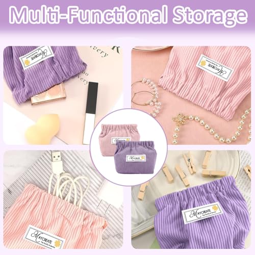 MAYCREATE® 2pcs Small Makeup Pouch, Lipstick Cosmetic Bag, Corduroy Elastic Storage Pouch, Makeup Pouches for Women Girls, Travel Coin Pouch Jewelry Organizer Bag - Self Closing, Pink & Purple - Image 5