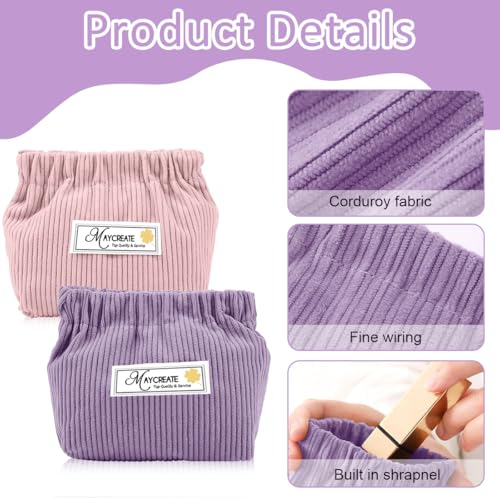 MAYCREATE® 2pcs Small Makeup Pouch, Lipstick Cosmetic Bag, Corduroy Elastic Storage Pouch, Makeup Pouches for Women Girls, Travel Coin Pouch Jewelry Organizer Bag - Self Closing, Pink & Purple - Image 3