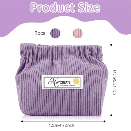 MAYCREATE® 2pcs Small Makeup Pouch, Lipstick Cosmetic Bag, Corduroy Elastic Storage Pouch, Makeup Pouches for Women Girls, Travel Coin Pouch Jewelry Organizer Bag - Self Closing, Pink & Purple - Image 2