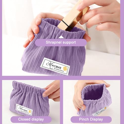 MAYCREATE® 2pcs Small Makeup Pouch, Lipstick Cosmetic Bag, Corduroy Elastic Storage Pouch, Makeup Pouches for Women Girls, Travel Coin Pouch Jewelry Organizer Bag - Self Closing, Pink & Purple - Image 4