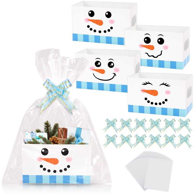 Whaline 12 Pack Christmas Paper Gift Basket Funny Winter Snowman Face Basket Kit Empty to Fill with Clear Plastic Bags and Pull Bows for Xmas Party Favor Goodie Packaging - Image 2