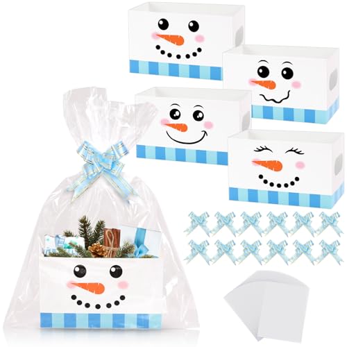 Whaline 12 Pack Christmas Paper Gift Basket Funny Winter Snowman Face Basket Kit Empty to Fill with Clear Plastic Bags and Pull Bows for Xmas Party Favor Goodie Packaging - Image 1