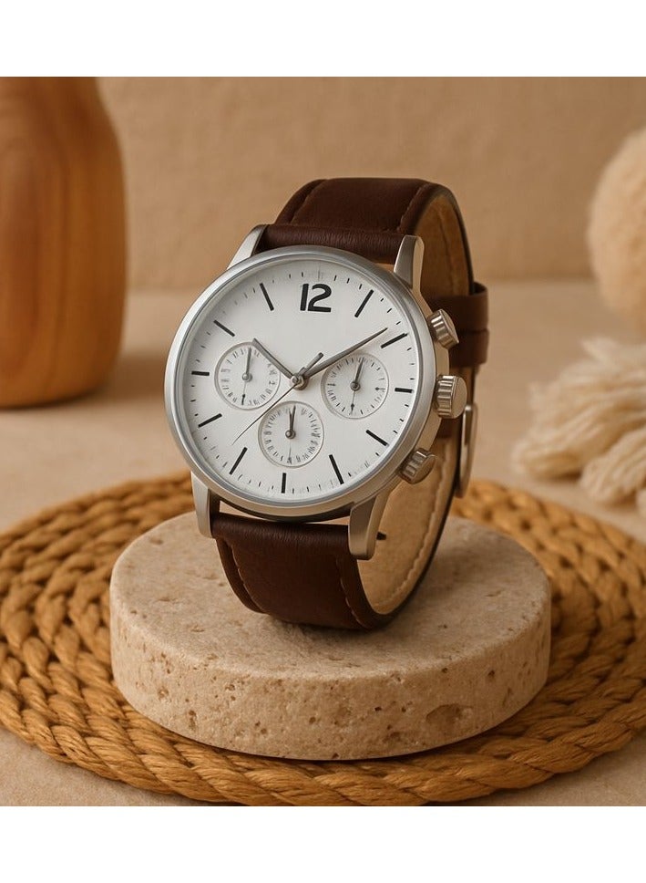 ساعة يد أنيقة بعقارب بتصميم كلاسيكي عصري مع واجهة بيضاء وسوار داكن - Image 3