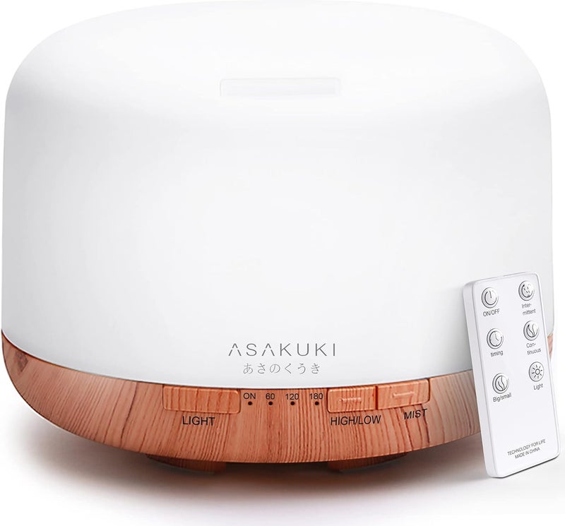 أساكوكي (ASAKUKI)، منفث زيوت أساسية فاخر سعة 500 مل مع وحدة تحكم عن بعد، جهاز ترطيب وتبخير بالأشعة فوق الصوتية مزود بـ 5 وظائف في جهاز واحد، بالإضافة إلى مؤقت ومفتاح أمان. - Image 1