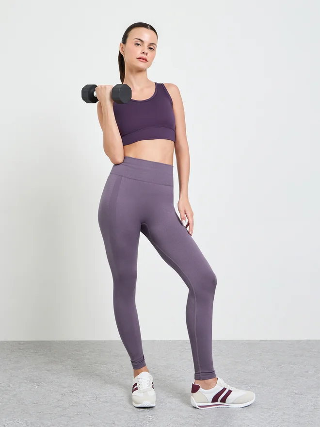 Styli Styli Purple Tonal Texture Broad Waistband Leggings