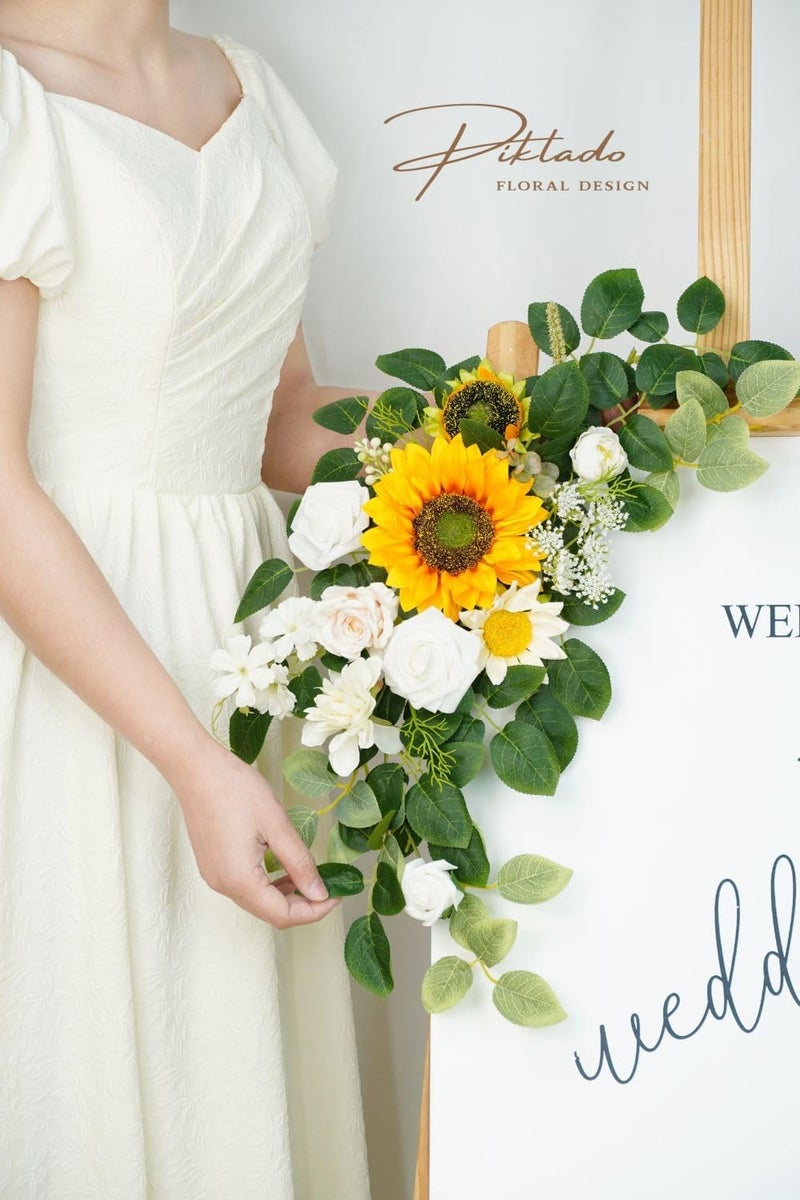 Piklado Wedding Decor (Pack of 2) Welcome Sign Flower Backdrop Garland for Ceremony Reception Wall Easel Home Decoration Entryway Faux Outdoor Board Head Table Decor (Sunflower) - Image 4