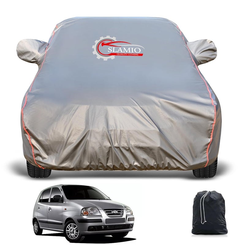 Slamio Heavy-Duty Car Body Cover for Hyundai's Santro Xing (2003-2014) | Waterproof, Dustproof, UV Protection, Custom Fit, Heavy Belt & Buckle with Mirror & Antenna Pocket | Dark Grey - Image 1