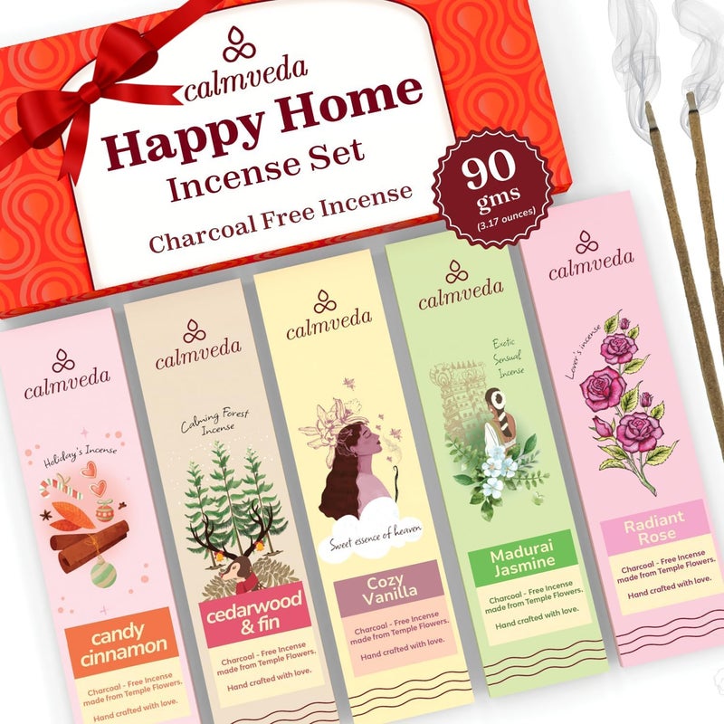 Happy Home Incense Sticks Multipack 5 Variants Charcoal Free Made from Upcycled Flowers Insense Cozy Warm Sticks Like Vanilla Cake Balsam Cedar Rose Cinnamon Perfect Incense Gift Set