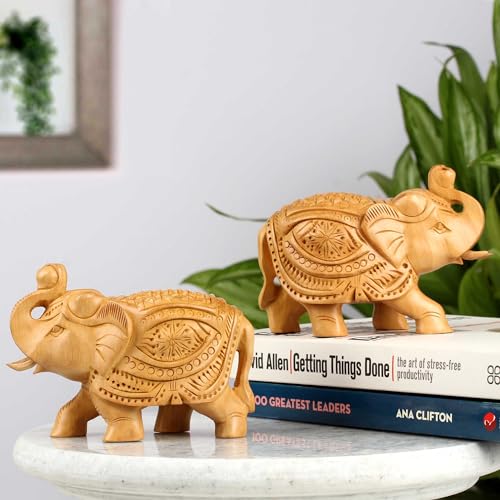 SANDECO 3" Wooden Handcrafted Elephant Pair Jhuldaar Craving Up Trunk Statue Showpiece Gifts for Home Decor Living Room and Office (Set of 2, Brown) - Image 1