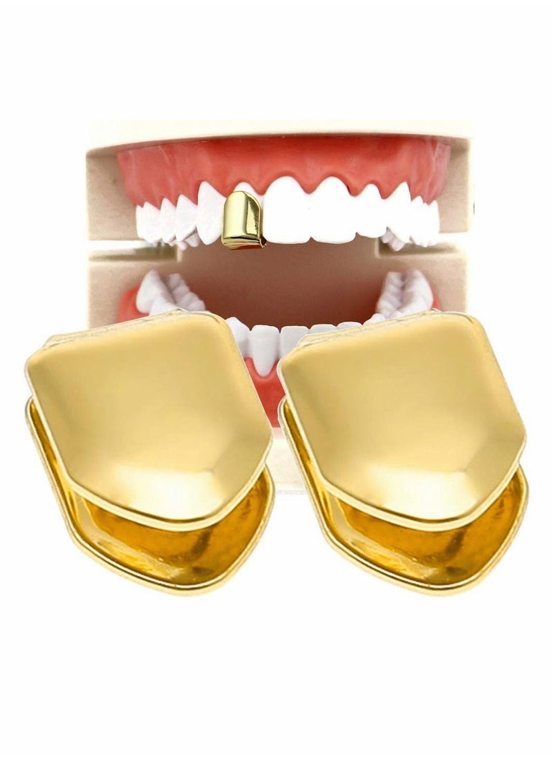 Excefore - 14K Plated Gold Grillz Mouth Teeth, 4 Pieces Hip Hop Teeth Plain, Top Tooth Single Grill Cap for Teeth Mouth, Party Accessories Teeth Grills (Gold) - Image 1