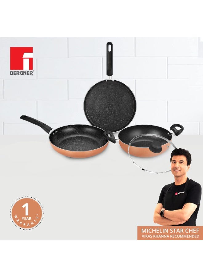 Bergner Copper Plus Non Stick Cookware Set 3Pc-Kadhai with Glass Lid 24cm, Dosa Tawa 28cm, Frypan 24cm with Induction Compatible, Bakelite Handles, PFOA Free, 1 Year Warranty by Bergner, Black - Image 4