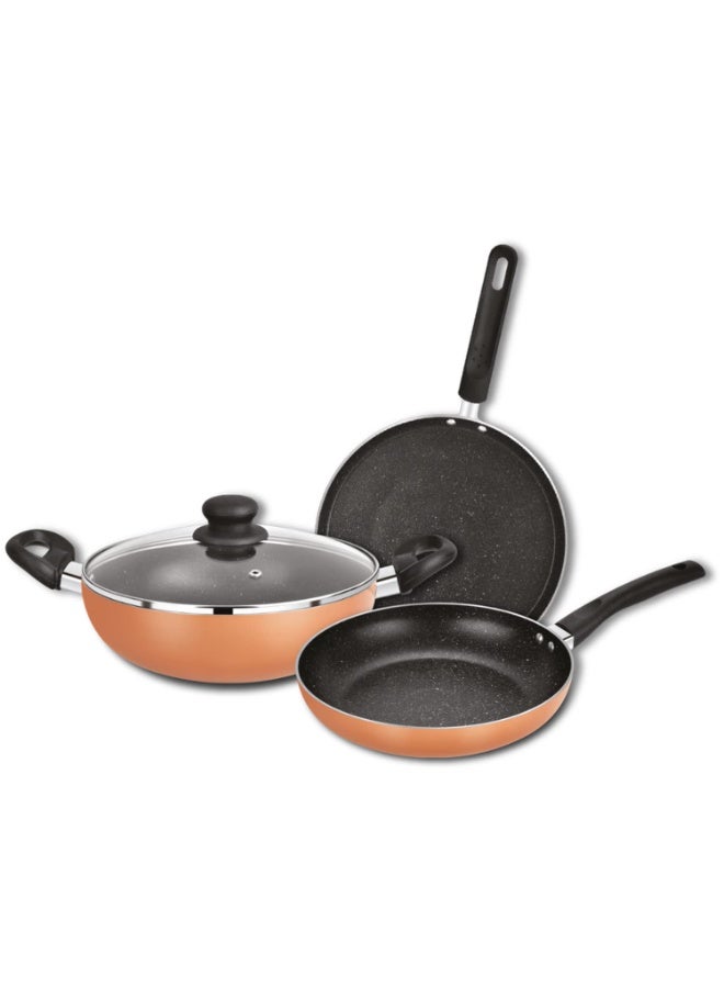 Bergner Copper Plus Non Stick Cookware Set 3Pc-Kadhai with Glass Lid 24cm, Dosa Tawa 28cm, Frypan 24cm with Induction Compatible, Bakelite Handles, PFOA Free, 1 Year Warranty by Bergner, Black - Image 1