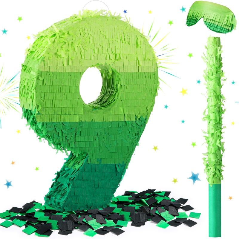 WinnerWhy Number Piata Decorations 16 Inch Gradient Green Piata with Blindfold Stick and Confetti for Birthday Baby Shower Safari Jungle Themed Party Supplies CenterpieceNumber 9 - Image 3