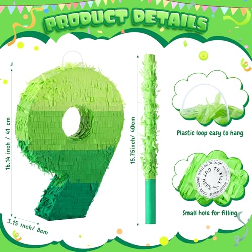 WinnerWhy Number Piata Decorations 16 Inch Gradient Green Piata with Blindfold Stick and Confetti for Birthday Baby Shower Safari Jungle Themed Party Supplies CenterpieceNumber 9 - Image 5
