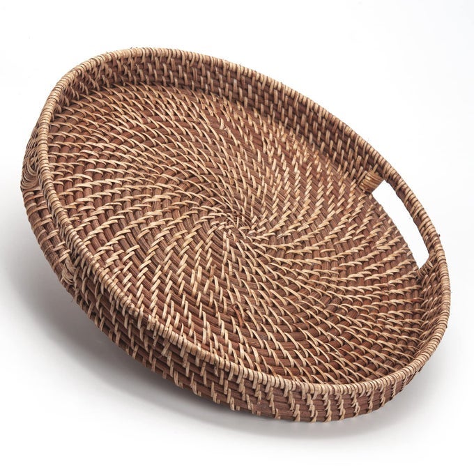 ROUND RATTAN WOVEN SERVING TRAY WITH HANDLES OTTOMAN TRAY FOR BREAKFAST DRINKS SNACK FOR COFFEE TABLE HOME DECORATIVE 169 INCH HONEY BROWN