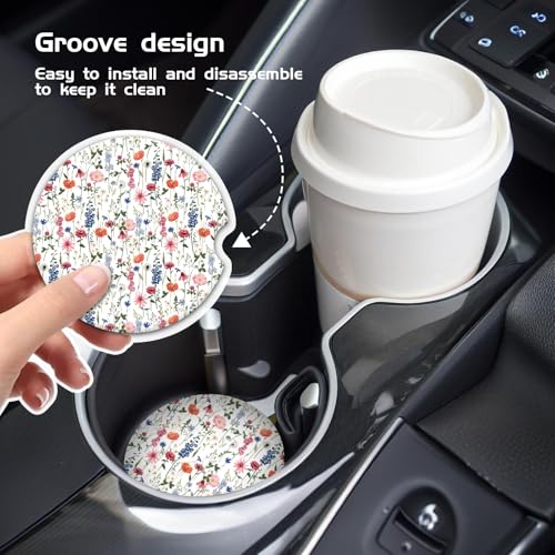 COYEUX Absorbent Car Cup Holder Coaster 2 Pack, Funny Car Accessories Interior, 2.56" Cute Car Coasters with a Finger Notch for Women & Men Cute Boho Flowers - Image 2
