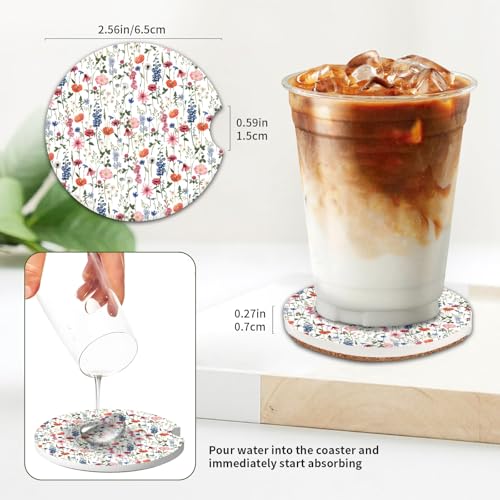 COYEUX Absorbent Car Cup Holder Coaster 2 Pack, Funny Car Accessories Interior, 2.56" Cute Car Coasters with a Finger Notch for Women & Men Cute Boho Flowers - Image 5