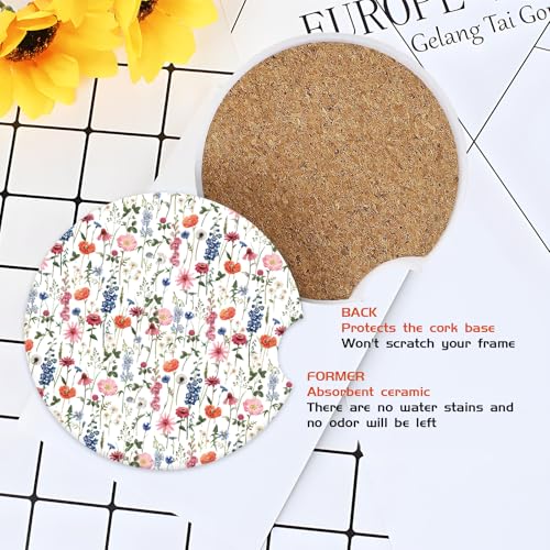 COYEUX Absorbent Car Cup Holder Coaster 2 Pack, Funny Car Accessories Interior, 2.56" Cute Car Coasters with a Finger Notch for Women & Men Cute Boho Flowers - Image 4