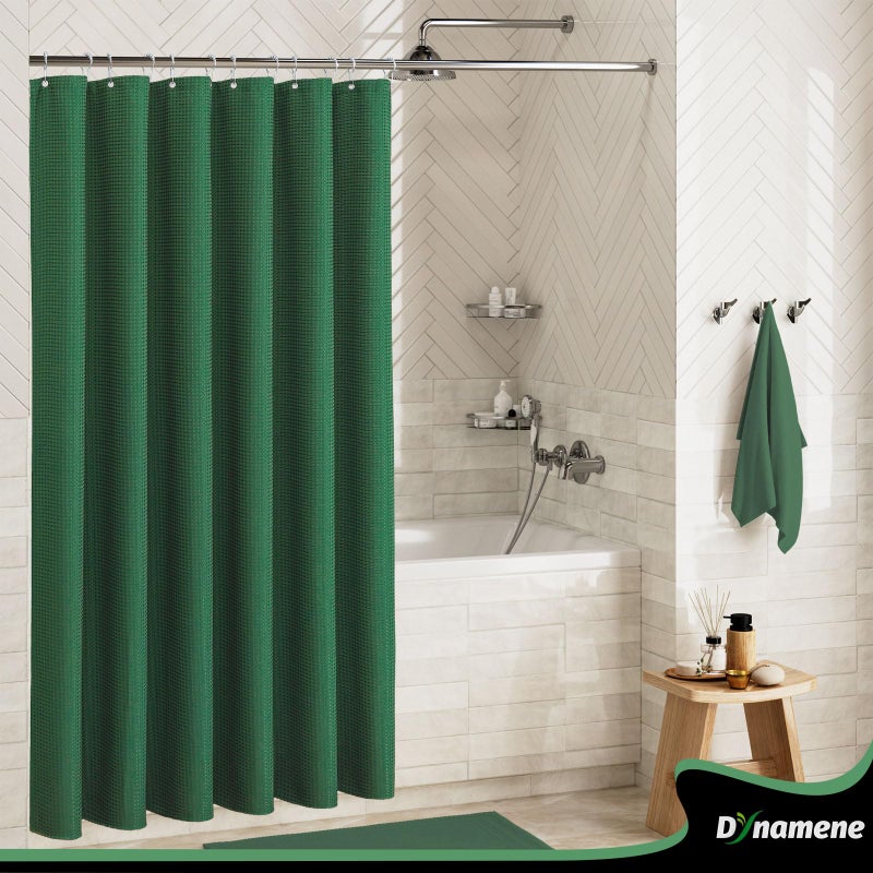 Dynamene Dark Green Fabric Shower Curtain - Waffle Weave Textured Heavy Duty Cloth Shower Curtains for Bathroom, 256GSM Hotel Luxury Weighted Bath Curtain Set with 12 Hooks,72x72, Dark Green - Image 3