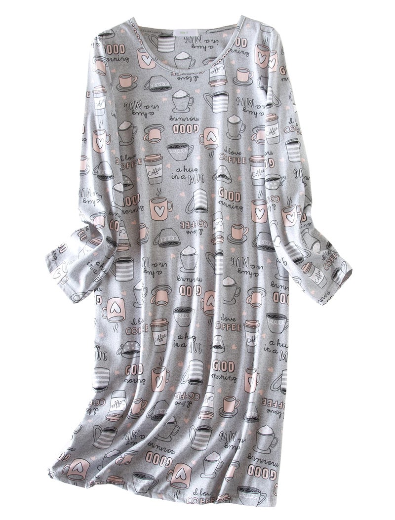 PNAEONG 3 Pack Women's Nightgown, Long Sleeve Sleep Shirts Comfy Soft Nightshirt Women Pajama Sleep Dress Cotton Sleepwear, Coffee+Purple+Fly-2XL - Image 4