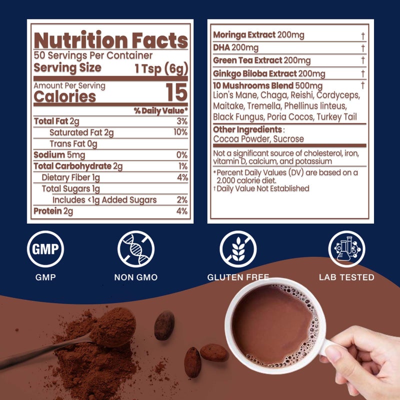 Mushroom Hot Chocolate, 50 Servings Cocoa Powder | 10 Mushrooms Supplements with Moringa Extract, DHA, Green Tea & Ginkgo Biloba | Support Focus & Gut Health | Vegan & Keto, Gluten-Free - Image 4