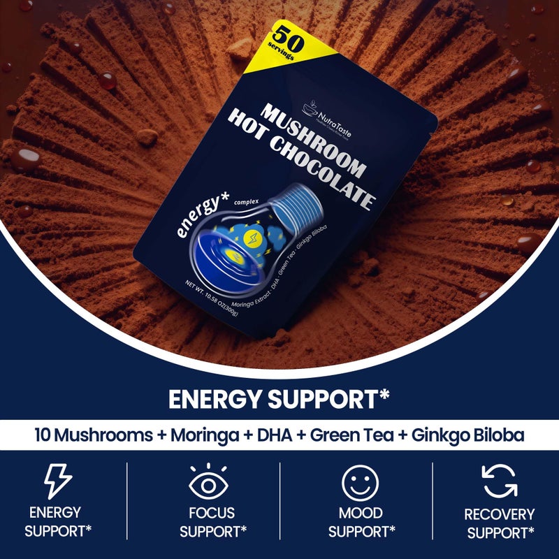 Mushroom Hot Chocolate, 50 Servings Cocoa Powder | 10 Mushrooms Supplements with Moringa Extract, DHA, Green Tea & Ginkgo Biloba | Support Focus & Gut Health | Vegan & Keto, Gluten-Free - Image 2