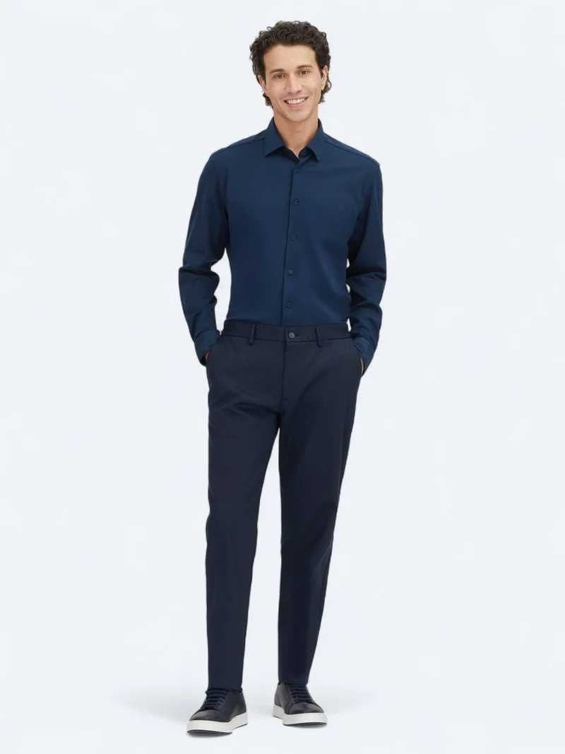 Kip Navy Blue Weaving Jogging Fit Casual Cotton Blended Trousers