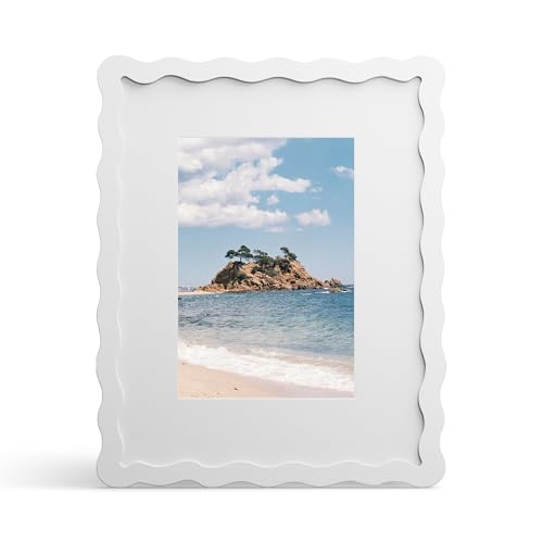 THKRLOF 8x10 Picture Frame with Mat for 5x7, Wavy Edge Wooden Real Glass Photo Frame for Tabletop and Wall Hanging, White, 1 Pack - Image 1
