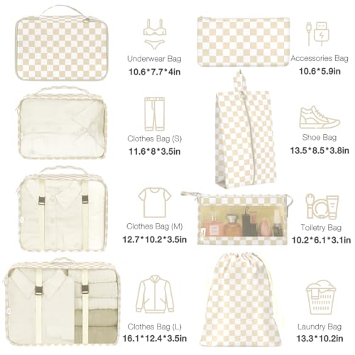 Hatisan 8 Set Packing Cubes for Suitcases,Packing Cube with Shoe, Cosmetics, Clothing, and Accessories Bags Packing Cubes for Travel Luggage Organizer Women Men(Khaki Checkered) - Image 2