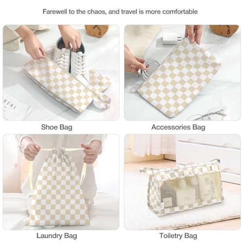 Hatisan 8 Set Packing Cubes for Suitcases,Packing Cube with Shoe, Cosmetics, Clothing, and Accessories Bags Packing Cubes for Travel Luggage Organizer Women Men(Khaki Checkered) - Image 5
