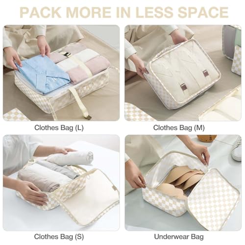 Hatisan 8 Set Packing Cubes for Suitcases,Packing Cube with Shoe, Cosmetics, Clothing, and Accessories Bags Packing Cubes for Travel Luggage Organizer Women Men(Khaki Checkered) - Image 4