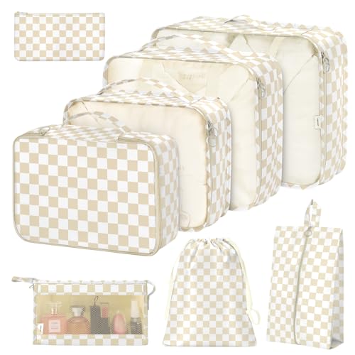 Hatisan 8 Set Packing Cubes for Suitcases,Packing Cube with Shoe, Cosmetics, Clothing, and Accessories Bags Packing Cubes for Travel Luggage Organizer Women Men(Khaki Checkered) - Image 1