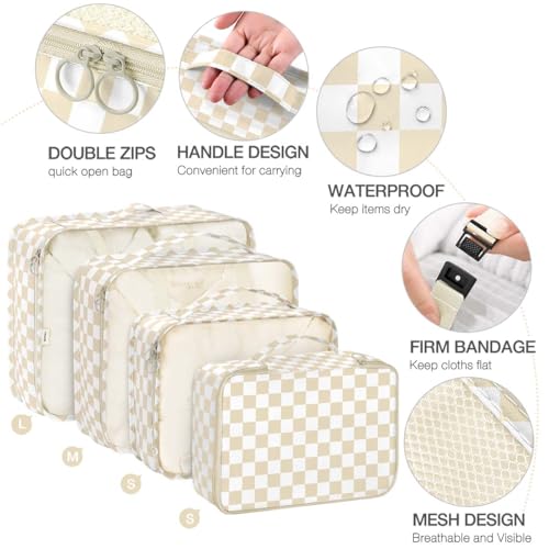 Hatisan 8 Set Packing Cubes for Suitcases,Packing Cube with Shoe, Cosmetics, Clothing, and Accessories Bags Packing Cubes for Travel Luggage Organizer Women Men(Khaki Checkered) - Image 3