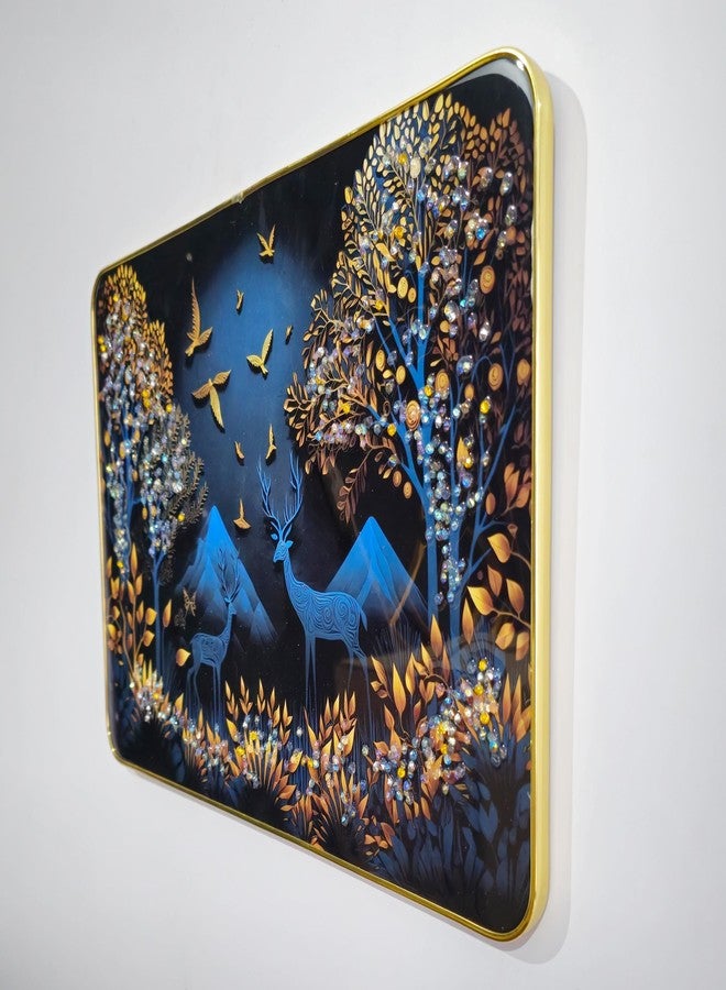 Masstone Raindeer with Birds Decorative Wall Hanging Painting with Crystal Embedded High Gloss Surface Gold Slim Frame Embossed, 45x30 Cm, Home Décor Wall Art For Living Room, Bedroom, Office, Hotel - Image 2