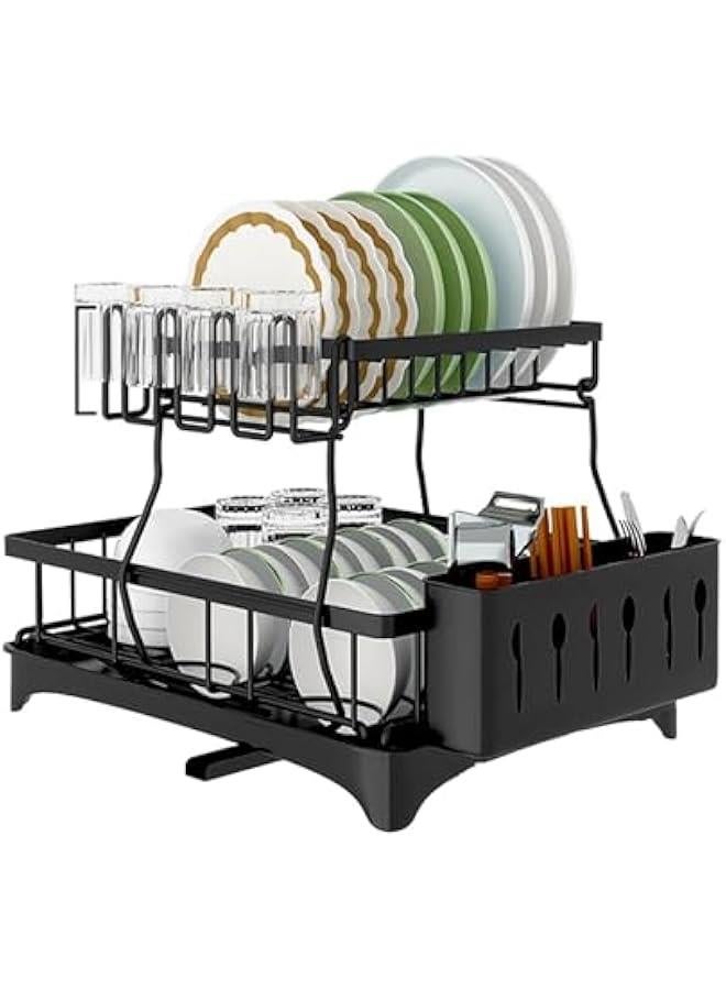 HOOKOR Dish Rack Dish Drying Stand With Drainer, 2 Tiers Large Kitchen Dish Rack with Removable Utensil Holder and Cup Holder, Stainless Steel Kitchen Dish Drainer Dish Drying Rack Black Dish Stand - Image 1
