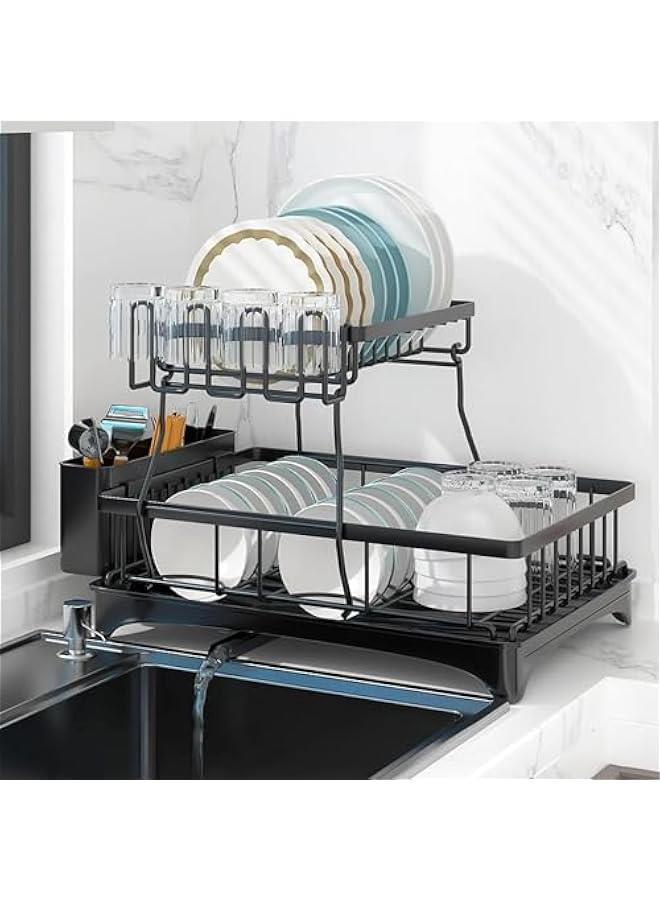HOOKOR Dish Rack Dish Drying Stand With Drainer, 2 Tiers Large Kitchen Dish Rack with Removable Utensil Holder and Cup Holder, Stainless Steel Kitchen Dish Drainer Dish Drying Rack Black Dish Stand - Image 2